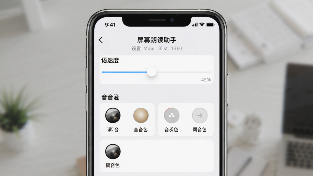 屏幕朗读助手语音设置界面的预览图,主体是手机屏幕上的设置页面,显示语速滑杆和多个音色选项,布局整齐,风格清新简洁,细节丰富,画质干净,无多余元素