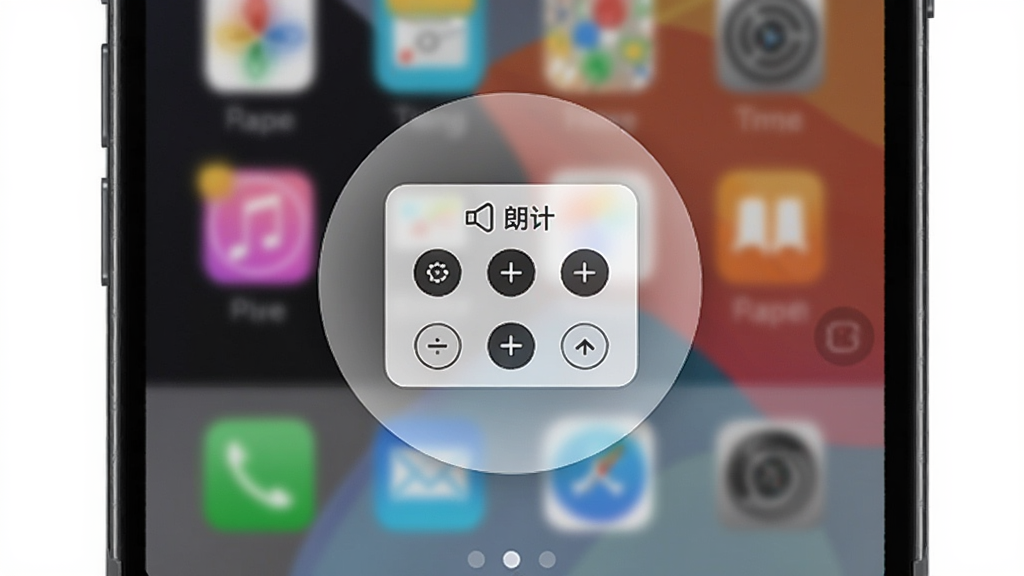 屏幕朗读助手悬浮球在手机桌面上的效果图,主体是手机桌面背景,中央有一个半透明的圆形悬浮球,点击后弹出朗读控制菜单,布局简洁,风格实用,细节清晰,画质干净,无多余元素