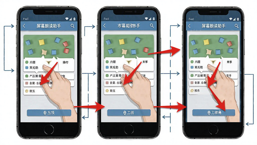 屏幕朗读助手使用教程的步骤图,主体是手机屏幕展示操作步骤,每一步都有红色箭头指示,布局清晰,风格教学化,细节丰富,画质干净,无多余元素