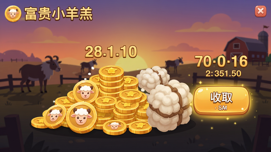 主体:《富贵小羊羔》挂机收益界面,显示离线期间累积的金币和羊毛数量。布局:界面中央是巨大的金币堆和羊毛捆,旁边有一个“收取”按钮。排版:数字跳动效果,按钮带有金色光晕。风格:明亮欢快,UI设计扁平化。细节:金币上印有羊头标志,羊毛捆质感蓬松,背景是黄昏的牧场剪影。画质:高清渲染,干净,无多余元素。