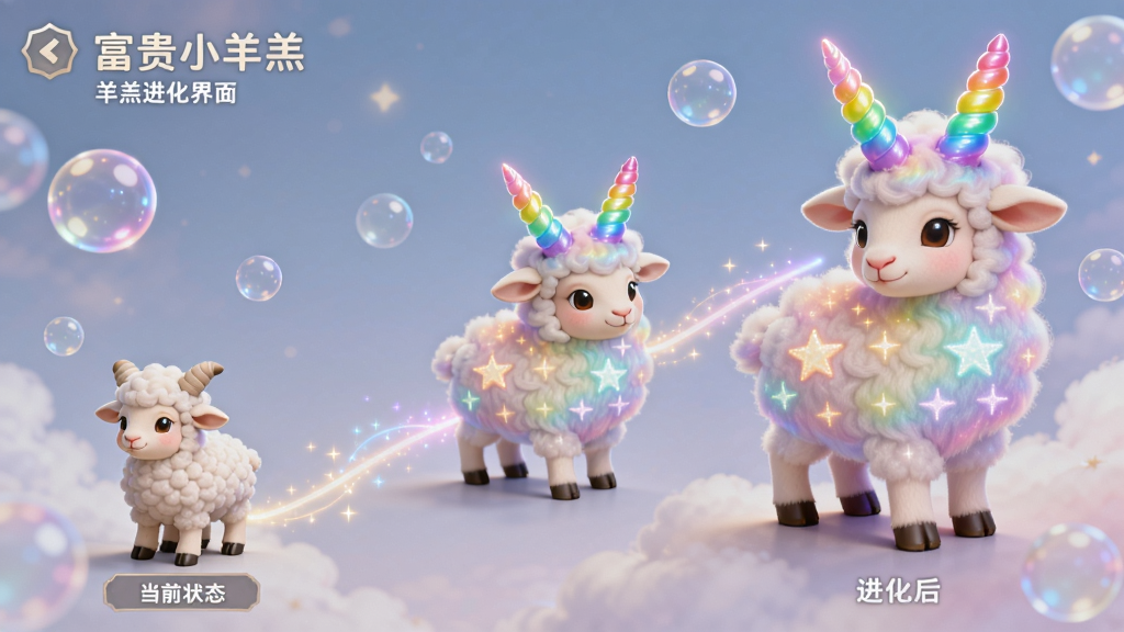 主体:《富贵小羊羔》羊羔进化界面,展示一只普通小羊逐渐进化成带有彩虹毛发的独角兽羊。布局:进化树呈斜线排列,从左下到右上,每一阶段都有光效连接。排版:左侧是当前状态,右侧是进化后的预览图。风格:梦幻童话风,光影效果柔和。细节:进化后的羊角是七彩渐变色,羊毛上有星星点缀,背景有漂浮的泡泡。画质:细腻唯美,干净,无多余元素。