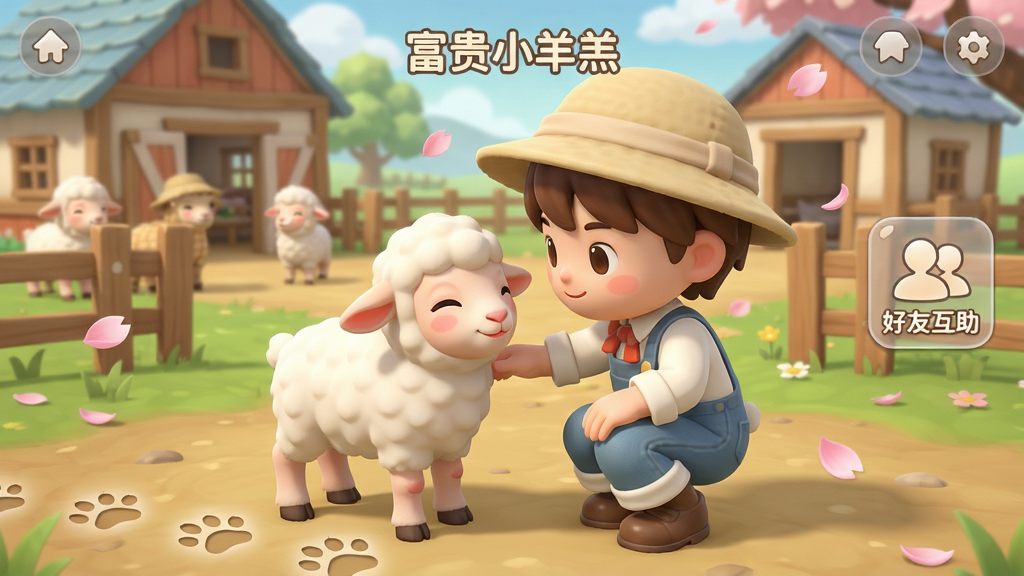 主体:《富贵小羊羔》游戏内截图,展示玩家在牧场中与羊羔互动的场景,画面右侧有“好友互助”图标。布局:前景是玩家角色蹲下抚摸小羊,背景是热闹的牧场建筑。排版:界面干净,功能按钮半透明化处理。风格:治愈系田园风,光影柔和自然。细节:小羊露出享受的表情,地面有脚印特效,空中飘落花瓣。画质:高清晰度,干净,无多余元素。