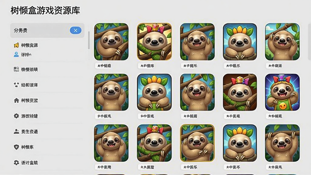 树懒盒游戏资源库界面预览图,展示分类列表和游戏封面墙,布局整齐,游戏图标色彩鲜艳,背景为浅灰色,界面干净,画质清晰,无多余元素