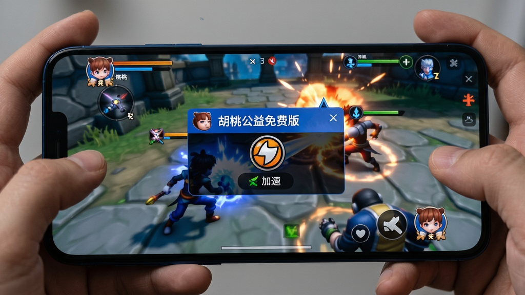 一张智能手机横屏玩游戏的实拍图,画面中手机屏幕上显示“胡桃公益免费版”的加速悬浮窗,背景是激烈的游戏战斗场面,布局为手持设备的第一人称视角,风格写实,细节清晰,画质高清,干净无多余元素