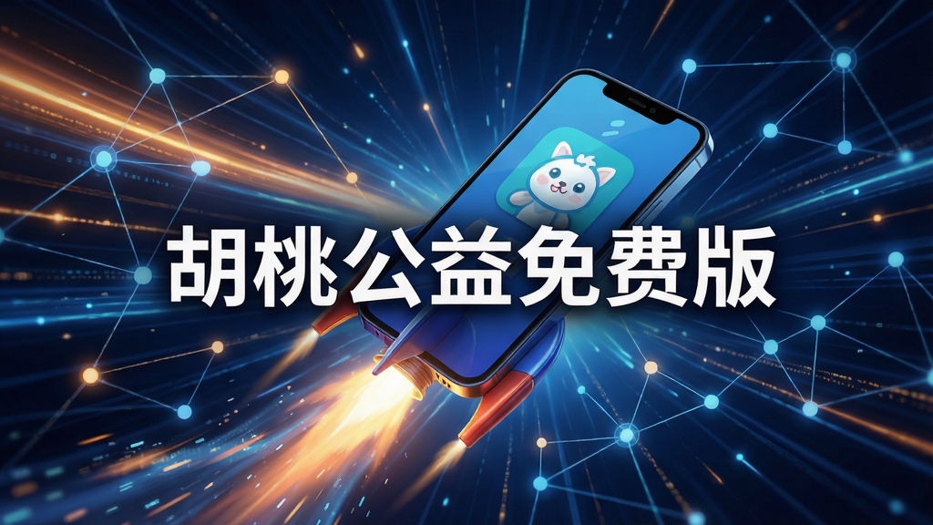 一张动态概念图,中心是“胡桃公益免费版”字样,背景是高速流动的光束和网络节点,象征网络加速,主体为一个带有火箭推进器的手机,布局聚焦,风格充满科技感与动感,细节丰富,画质清晰,干净无多余元素
