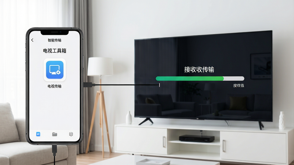 一张智能手机连接智能电视进行文件传输的示意图,手机屏幕显示“电视工具箱”的文件传输界面,电视屏幕同步显示接收进度条,背景为现代家居客厅环境,画面明亮,构图清晰,画质干净,无多余元素