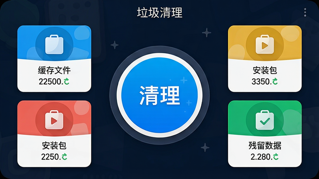 电视工具箱应用内的“垃圾清理”功能界面,屏幕中央显示一个大大的圆形清理按钮,周围环绕着“缓存文件”、“安装包”、“残留数据”等分类图标,每个图标下方有对应的文件大小数字,界面色彩明亮,采用卡片式布局,画质细腻,干净无多余元素
