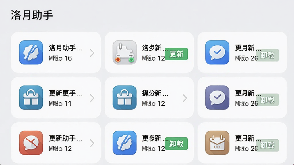 展示“洛月助手”应用管理界面,屏幕中列出多个应用图标,每个图标旁有更新和卸载按钮,背景为浅灰色,布局为列表式,风格清爽商务,细节包括应用大小与版本号信息,画质清晰,干净无多余元素
