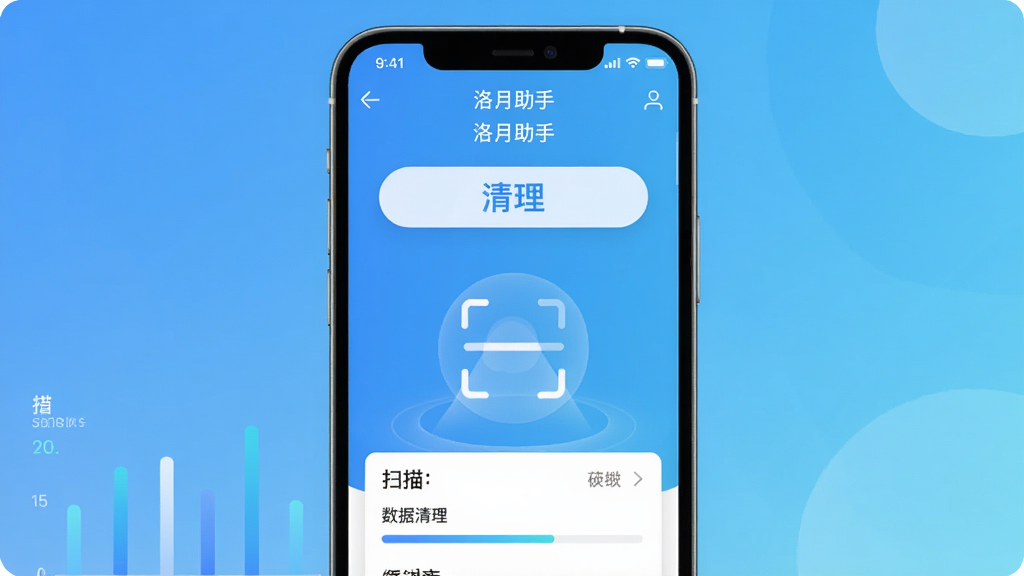展示“洛月助手”软件界面中一键清理功能页,手机屏幕内显示清理按钮与扫描动画,背景为清新的蓝色渐变,布局以手机界面为主,居中展示,风格简洁明亮,细节包括数据图表和进度条,画质高清,干净无多余元素