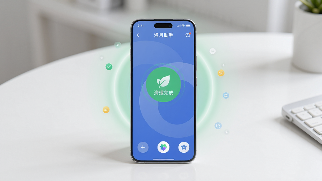 展示一部手机正在运行“洛月助手”的清理界面,手机屏幕显示绿色清理完成字样,周围有柔和光效,背景为白色桌面,布局居中,风格简约,细节包括悬浮球按钮,画质干净,无多余元素