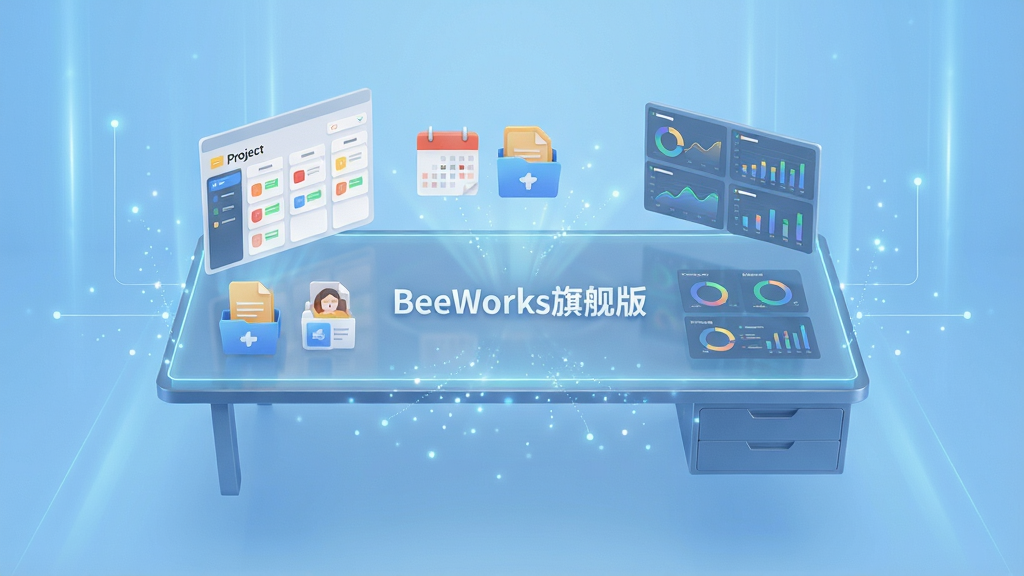 主体为一块悬浮在半空中的全息投影工作台,台面上整齐排列着项目看板、日历、文件图标和数据分析图表,中央显示“BeeWorks旗舰版”字样,背景为浅蓝色渐变科技感光效,整体布局对称,风格现代简约,细节包含微光粒子与连接线,画质高清干净,无多余元素