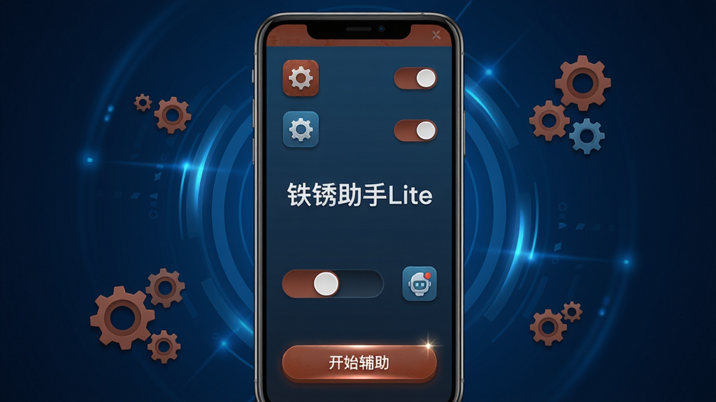 主体为铁锈助手Lite软件主界面,展示在手机屏幕上,屏幕中央显示“铁锈助手Lite”字样及简洁的辅助功能图标;布局为手机居中,背景为深蓝色科技感光效,周围漂浮着微小的机械齿轮元素;排版采用垂直构图,手机界面清晰可见,功能图标整齐排列;风格为现代扁平化结合轻度拟真光影,色彩以铁锈红与科技蓝为主;细节包括屏幕内功能开关的滑动效果,以及底部“开始辅助”按钮的高光;画质为4K高清,整体干净,无多余元素。