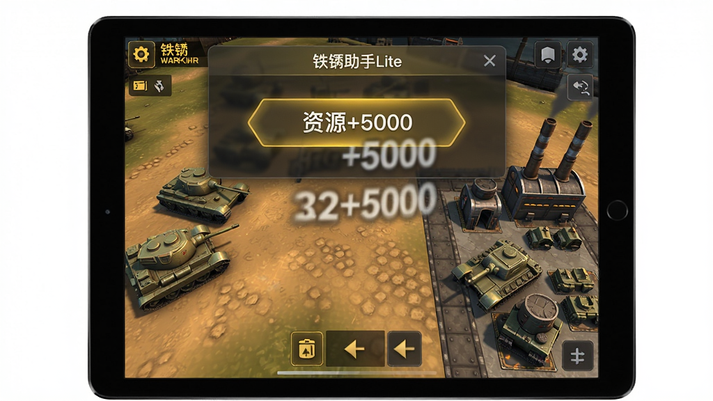 铁锈助手Lite功能界面特写,主体为平板电脑横屏显示游戏《铁锈战争》画面,画面边缘悬浮着铁锈助手Lite的半透明控制面板,面板上有“资源+5000”的按钮;布局为平板居中,左右两侧分布着游戏内的坦克与工厂单位;排版采用横向构图,控制面板悬浮于游戏画面上方,按钮清晰可见;风格为游戏UI与工具UI融合的科技感风格,色调为暖黄与深灰;细节包括按钮按下时的光效和资源数字跳动的动态模糊;画质为高清渲染,画面干净,无多余元素。
