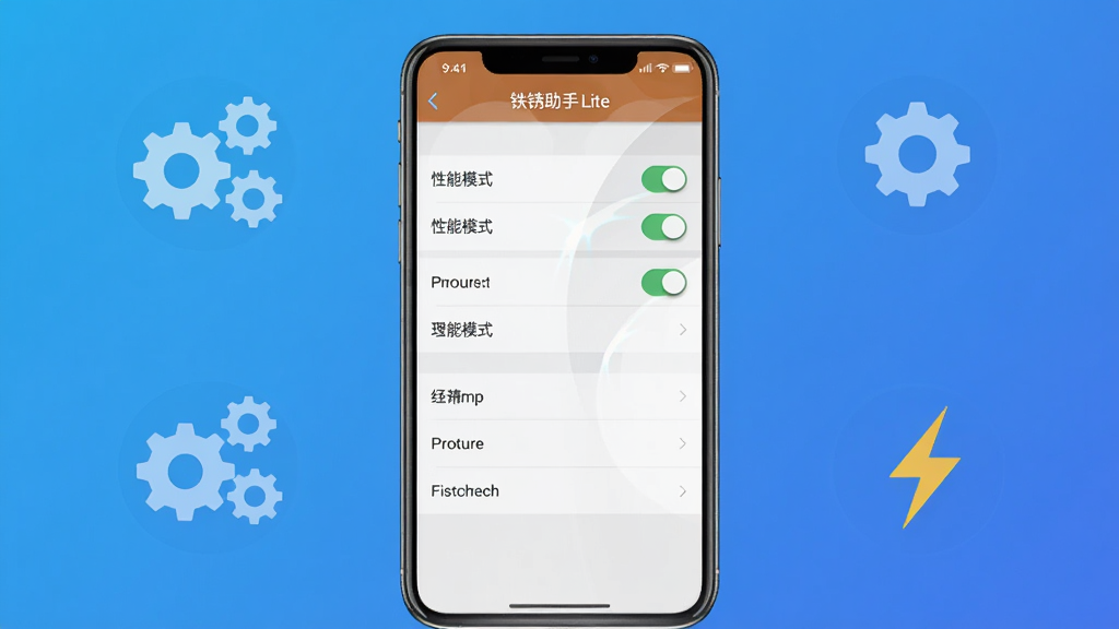 主体为一部智能手机竖屏显示铁锈助手Lite的设置界面,界面中“性能模式”开关处于开启状态;布局为手机居中,背景为渐变蓝色,带有齿轮与闪电图标点缀;排版采用居中构图,设置项以列表形式排列;风格为简洁的扁平化设计,色彩清新;细节包括开关按钮的绿色高光与屏幕反射的柔和光线;画质为高清,画面干净,无多余元素。