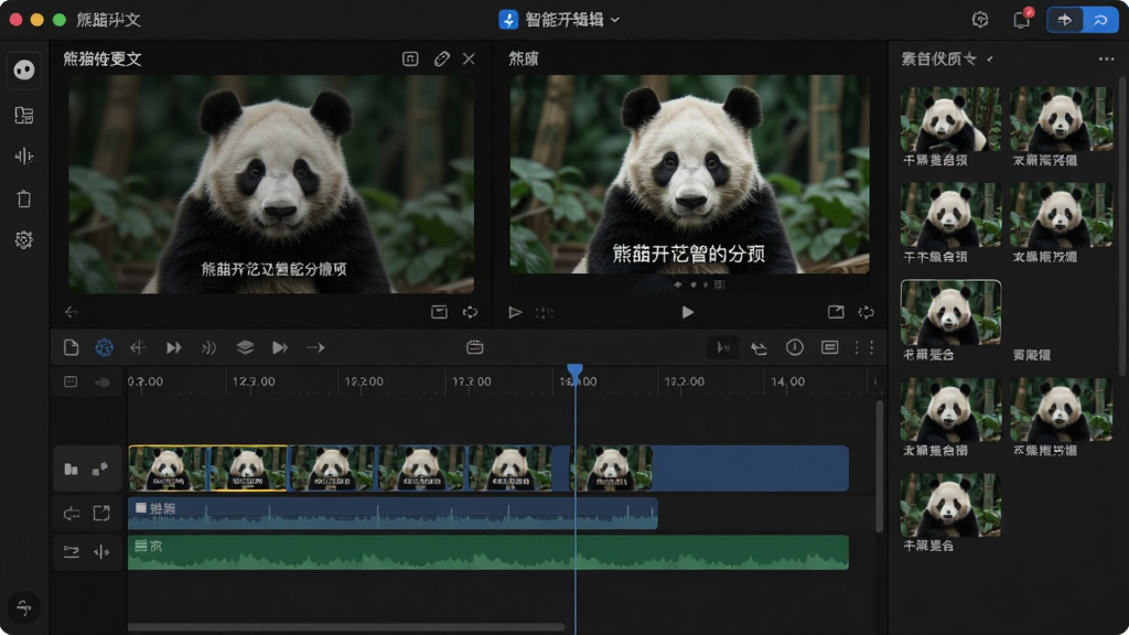 熊猫推文智能剪辑界面,展示时间轴编辑区、预览窗口与素材库,视频片段带有文字字幕,界面以深色为主题,突出时间轴与编辑功能,布局专业,细节清晰,画质干净,无多余元素