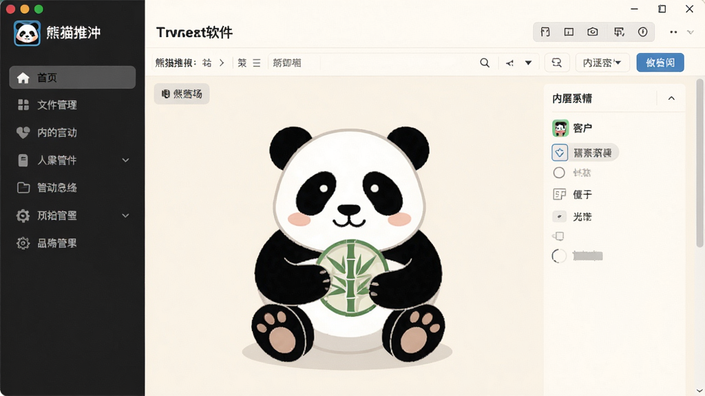 熊猫推文软件主界面截图,展示其简洁现代的设计风格,左侧为功能导航栏,右侧为内容编辑区,背景以暖白色为主,搭配熊猫IP元素,整体布局清晰,细节丰富,画质干净,无多余元素