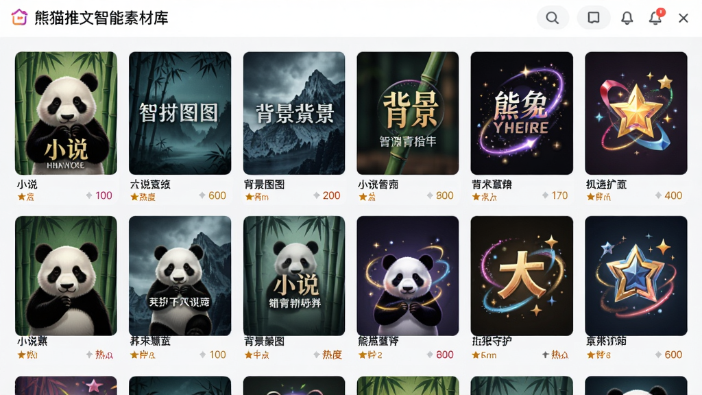 熊猫推文智能素材库界面,展示分类清晰的素材网格,包括小说封面、背景图、特效元素,每个素材缩略图下方标注名称与热度,界面色彩丰富,布局规整,画质清晰,无多余元素