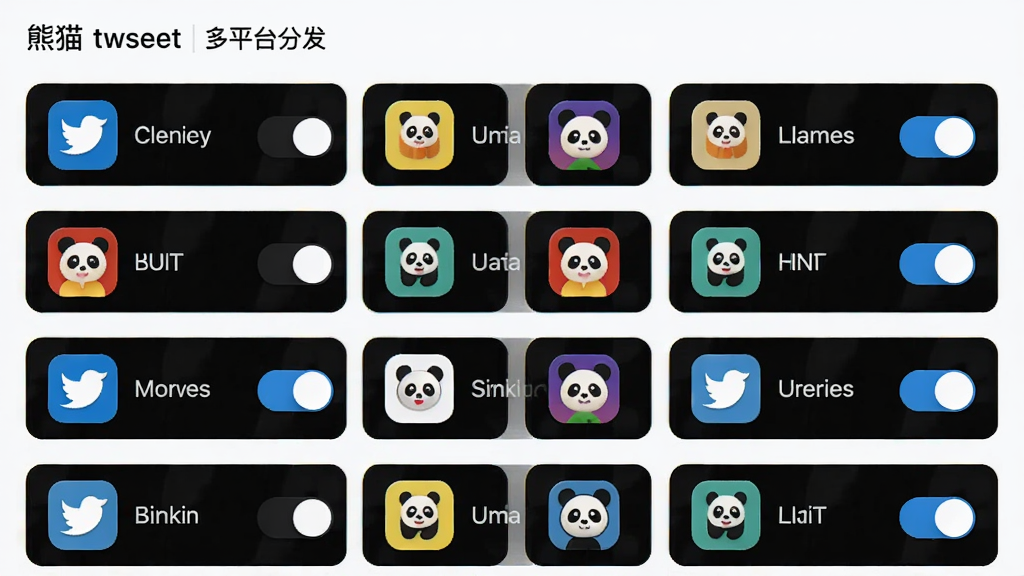 熊猫推文多平台分发界面,展示已绑定的平台账号列表,每个平台图标旁有开关按钮,界面简洁,图标色彩鲜明,布局整齐,画质清晰,无多余元素