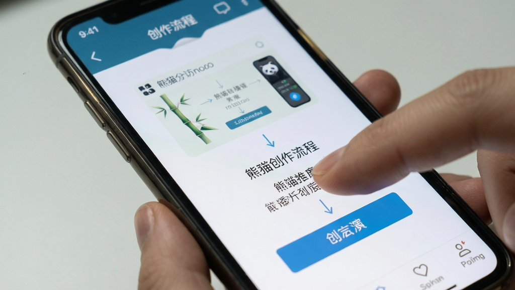 熊猫推文手机端操作演示,展示手指点击屏幕上的按钮,界面显示创作流程,背景为手机特写,风格写实,布局清晰,画质干净,无多余元素