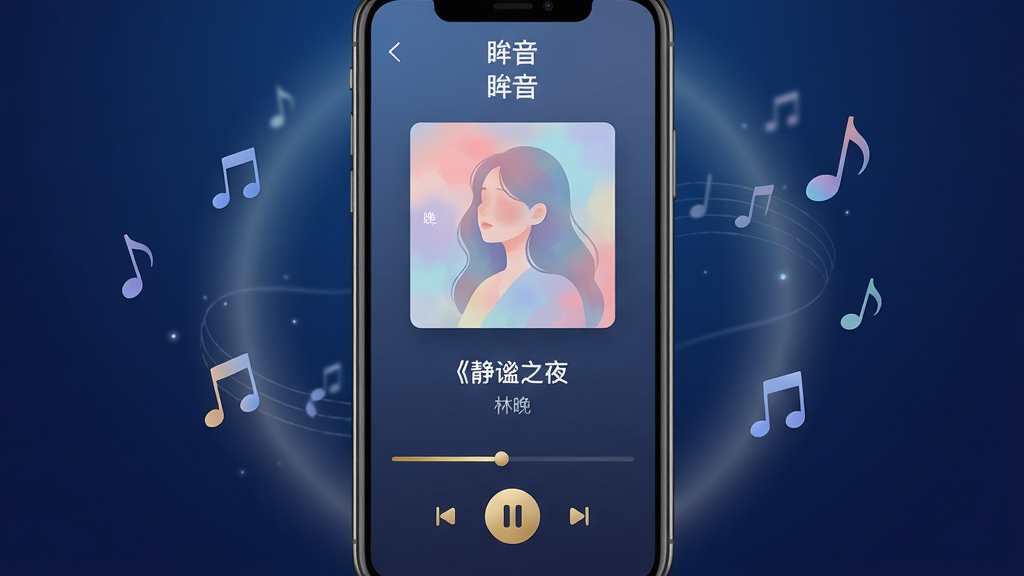 主体:一款名为“眸音”的音乐App界面,手机屏幕中展示着简洁的播放页面,专辑封面色彩柔和,歌词滚动显示。布局:手机居中,背景为深蓝色渐变,四周有柔和的光晕和漂浮的音符元素。排版:手机屏幕内容清晰可见,播放控制按钮在下方,进度条呈金色。风格:现代、简约、科技感,带有一点艺术氛围。细节:界面显示“眸音”二字,播放歌曲名为《静谧之夜》,歌手名“林晚”,画质:4K高清,干净,无多余元素。