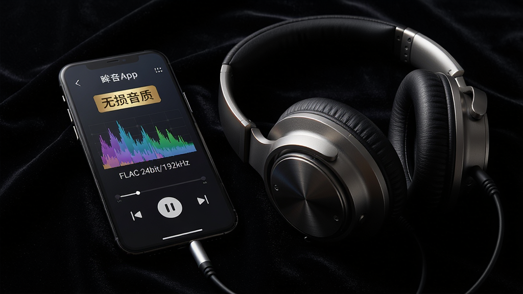 主体:一副高端头戴式耳机连接着一部播放着眸音App的手机,屏幕上显示着“无损音质”金色标签。布局:耳机与手机放在深色绒布背景上,侧面打光,突出质感。排版:手机屏幕中央是频谱波动动画,下方有“FLAC 24bit/192kHz”字样。风格:高端、质感、暗调。细节:耳机金属部分反射着微光,聚焦清晰,画质:超清,干净,无多余元素。