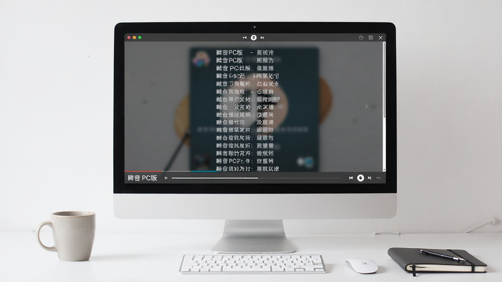主体:一张电脑桌面的截图,屏幕上是眸音PC版播放界面,正在播放一首歌。布局:屏幕画面居中,周围是整洁的桌面,有一杯咖啡和笔记本。排版:电脑屏幕内显示歌词全屏模式,背景是模糊的专辑封面。风格:商务、简约、高效。细节:屏幕左下角显示“眸音 PC版”字样,画质:清晰,干净,无多余元素。