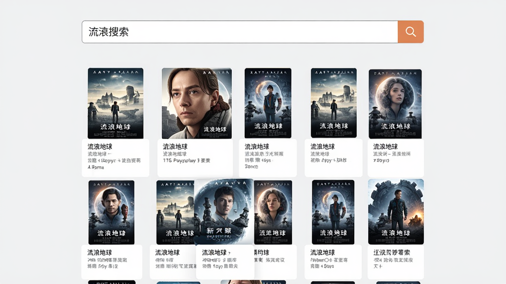 New Poyy搜索页面,搜索框内输入“流浪地球”,下方显示多个搜索结果列表,每个结果包含海报缩略图和片名,背景为浅灰色,界面简洁明快,搜索结果排列整齐,画质清晰,无多余元素