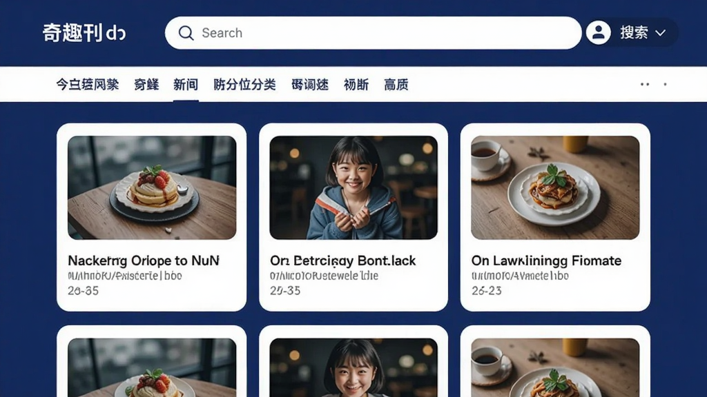 奇趣刊官方主界面预览图,深蓝色与白色为主色调,顶部为搜索栏和分类标签,中间为卡片式新闻列表,配图清晰,排版整齐,风格现代简约,画质高清,无多余元素