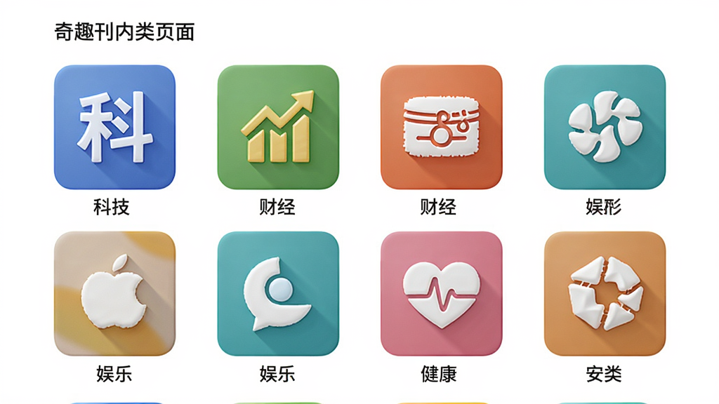 奇趣刊内容分类页面,采用网格布局展示各个频道图标,如科技、财经、娱乐、健康等,图标色彩鲜艳,背景为白色,排版整齐,风格简洁明快,画质高清