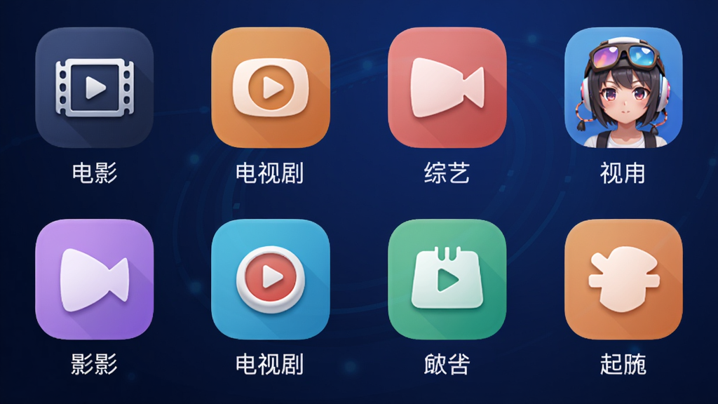 New Poyy应用主界面,展示分类列表,包括电影、电视剧、综艺、动漫等图标,每个图标下方有对应名称,背景为深蓝色渐变,界面布局整齐,图标设计圆润,整体风格科技感十足,画质清晰,干净整洁
