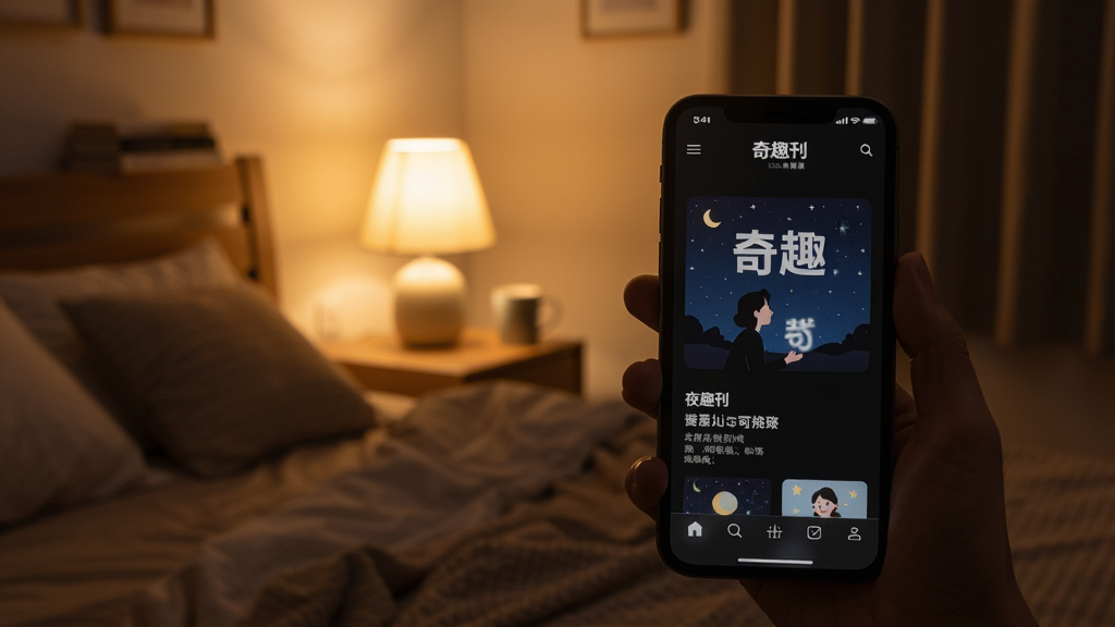 奇趣刊使用场景图,一部手机握在手中,屏幕上显示奇趣刊的夜间模式界面,背景是卧室昏暗的灯光,画面温馨,构图简洁,画质干净