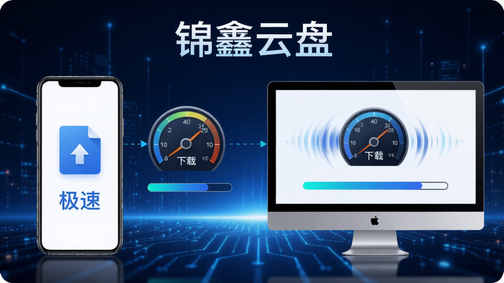 锦鑫云盘极速传输功能示意图,画面展示手机和电脑两端同时进行大文件上传下载,带有速度仪表盘和进度条,背景为科技感蓝色光效,突出“极速”和“稳定”特点,包含软件名称“锦鑫云盘”文字,画质清晰,无多余元素