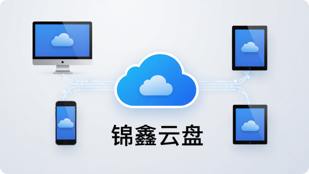 锦鑫云盘多端同步功能展示图,画面中央为云朵图标,四周环绕着电脑、手机、平板等设备图标,设备间用光线连接,背景为浅灰色渐变,风格简约科技,包含“锦鑫云盘”文字,画质清晰,无多余元素