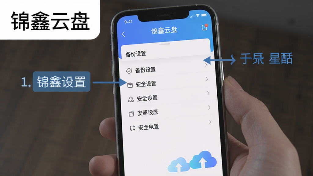 锦鑫云盘使用指南截图,展示手机端操作界面,包括备份设置、安全设置等菜单,画面清晰标注操作步骤,风格简洁,突出“锦鑫云盘”名称,画质干净