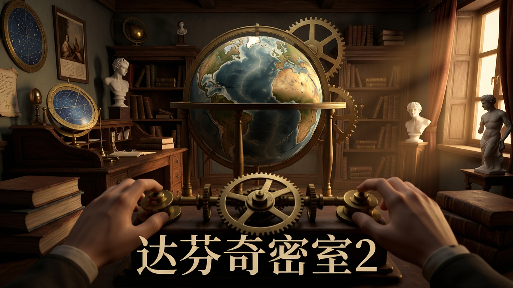 主体:达芬奇密室2的游戏主界面,展示一个充满机械装置和艺术品的文艺复兴风格书房,中央有一个巨大的地球仪和复杂齿轮结构。布局:前景是玩家视角的双手正在操作一个机械装置,中景是书桌和书架,背景是窗户透进的暖光。排版:画面清晰,层次分明,突出解谜氛围。风格:写实3D渲染,光影细腻,质感厚重,带有神秘感。细节:齿轮、书籍、星盘、雕塑等元素丰富,文字“达芬奇密室2”以古典衬线字体置于画面下方中央。画质:4K高清,干净,无多余元素。