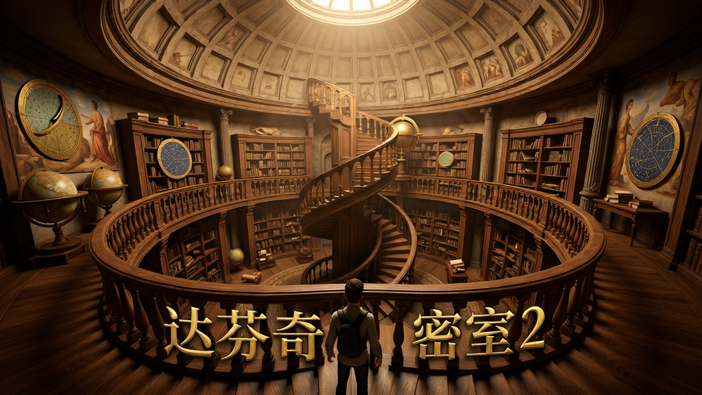 主体:达芬奇密室2的游戏场景全景,展示一个巨大的圆形图书馆,中央有旋转楼梯,书架环绕,顶部有天文仪器。布局:广角视角,从高处俯瞰,展现场景全貌,人物(玩家视角)站在楼梯上。排版:对称构图,空间感强烈。风格:写实3D渲染,暖色调,光线从穹顶洒落,营造庄重神秘氛围。细节:书架上的书籍、地球仪、星盘、壁画等元素丰富,文字“达芬奇密室2”以烫金字体印在楼梯扶手上。画质:4K超清,干净,无多余元素。