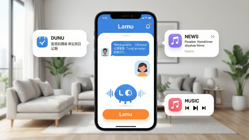 主体:一款名为“Lamu”的智能手机应用界面,屏幕中显示智能语音助手正在与用户对话,背景为现代简约风格客厅。布局:中心突出手机屏幕,周围环绕着日程提醒、新闻资讯、音乐播放等悬浮卡片。排版:手机界面采用卡片式布局,图标圆润,色彩清新。风格:扁平化设计,明亮通透,科技感与生活感融合。细节:界面文字清晰显示“Lamu”字样,色彩以蓝色和白色为主,点缀橙色高亮按钮。画质:高清渲染,干净,无多余元素。