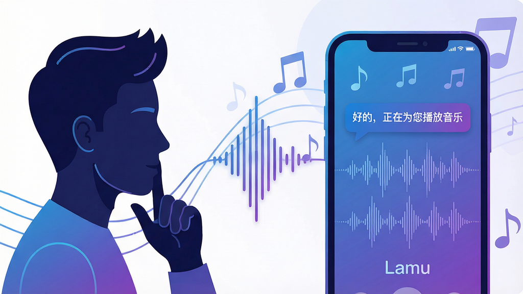 主体:智能语音交互场景,用户对着手机说出指令,手机屏幕显示语音波形和“Lamu”字样。布局:左侧为用户的侧影,右侧为手机界面特写,中间以声波线条连接。排版:画面简洁,突出人与手机的互动。风格:未来感插画,蓝紫色渐变,线条流畅。细节:手机屏幕上显示“好的,正在为您播放音乐”的对话气泡,背景有音符图标。画质:高清矢量风格,干净,无多余元素。