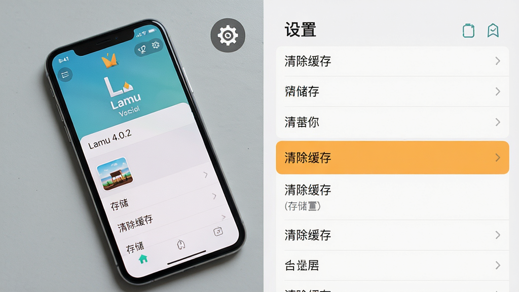 主体:手机屏幕显示Lamu应用运行界面,旁边有设置齿轮图标。布局:左侧为手机实拍图,右侧为设置选项列表。排版:清晰对比,突出“设置”菜单中的“清除缓存”选项。风格:写实摄影风格,背景为浅灰色桌面。细节:屏幕中显示“Lamu 4.0.2”版本号,设置项高亮显示“存储”选项。画质:高清实拍,干净,无多余元素。