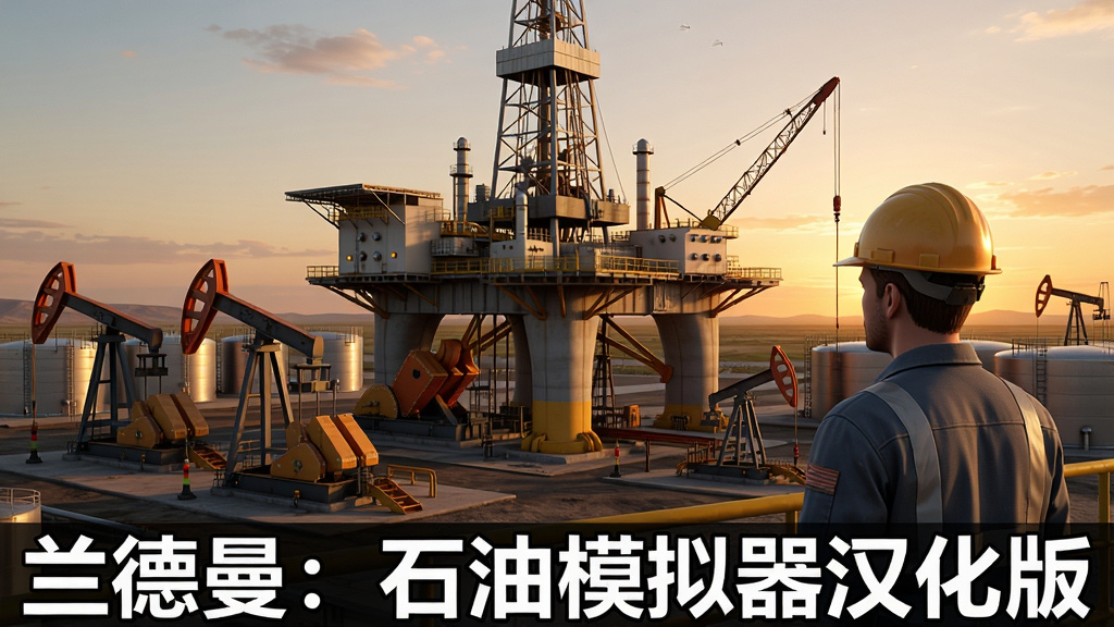 画面中央是一座巨大的石油钻井平台,周围环绕着抽油机与储油罐,一名戴安全帽的工程师站在前景眺望,背景是广袤的油田与夕阳,整体风格写实且充满工业感,采用3D渲染,细节丰富,色彩温暖,画质干净无多余元素,画面下方标注文字“兰德曼:石油模拟器汉化版”