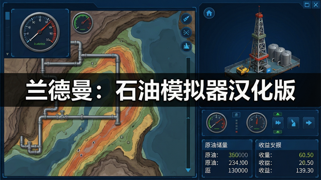 游戏界面截图,左侧是地质勘探地图,右侧是钻井平台操作面板,下方显示原油储量与收益数据,界面布局清晰,采用深蓝色科技感风格,细节包括仪表盘、管道与油罐模型,画质干净无多余元素,图片中央标注文字“兰德曼:石油模拟器汉化版”