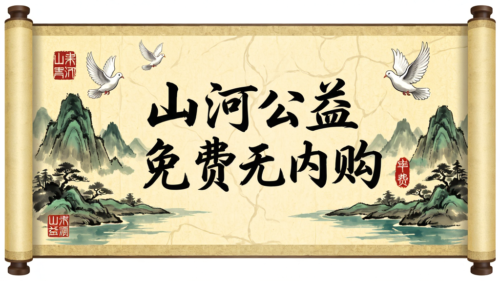 图片主体是一幅展开的画卷,画卷中央用书法字体写着“山河公益 免费无内购”字样,周围点缀着青山绿水与和平鸽。布局采用横幅式,文字居中,背景为淡黄色宣纸纹理。风格为传统国风水墨画与现代设计的结合。细节包括水墨晕染效果和印章装饰。画质高清、干净,无多余元素。