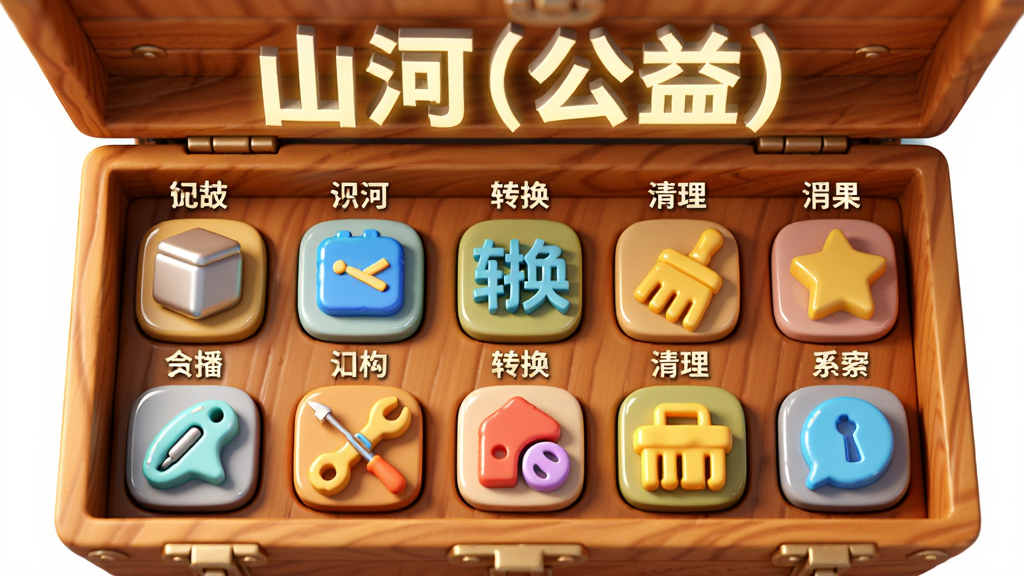画面主体为一个打开的木质工具箱,箱内整齐排列着各种小工具图标,如压缩、转换、清理等,每个图标上方都标有中文名称。上方悬浮着“山河(公益)”的发光字样。布局采用俯视角度,居中对称。风格为3D渲染,色彩明亮柔和。细节包括工具图标的光泽质感和箱体的木纹纹理。画质高清、干净,无多余元素。