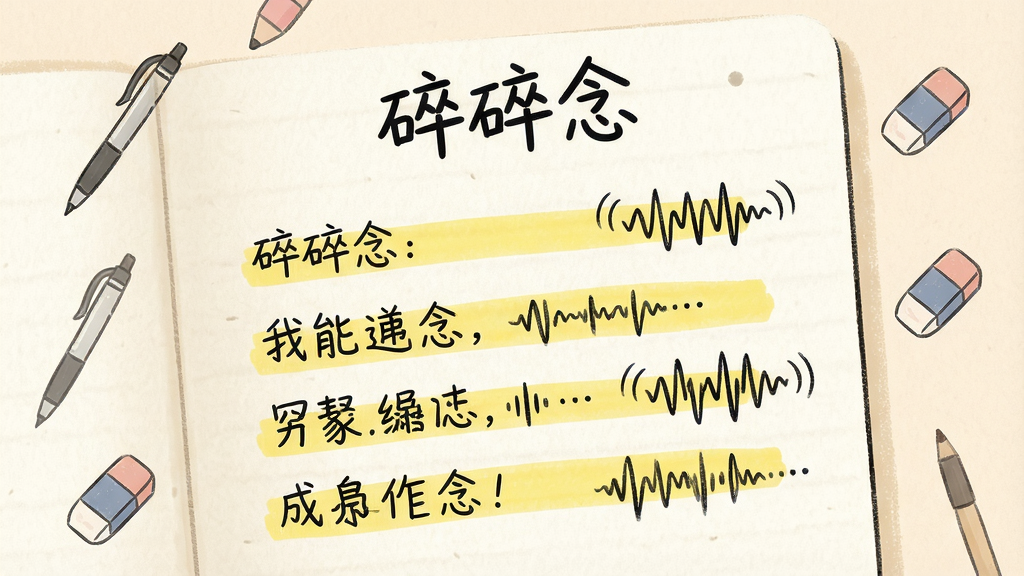 主体:一个干净整洁的记事本界面,顶部有“碎碎念”字样,下方是几行手写风格的文字和语音波形图标。布局:记事本占据画面中央,周围有淡淡的圆珠笔和橡皮擦的小图标点缀。排版:文字行间距舒适,部分文字下方有黄色高亮标记。风格:手绘涂鸦风格,纸张纹理明显,背景为米白色,整体温馨自然。细节:语音波形图标带有动态波纹效果,手写文字有轻微的笔触感。画质:高清,干净,无多余元素。