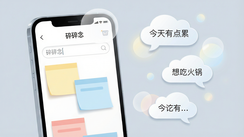 主体:一部亮着屏幕的智能手机,屏幕显示“碎碎念”应用界面,界面有输入框和几行彩色便签。布局:手机居中偏左,右侧漂浮着柔和的光斑和几片云朵形状的对话框,对话框内写着“今天有点累”、“想吃火锅”等简短文字。排版:手机屏幕清晰展示应用名称“碎碎念”字样,下方有淡黄色和淡蓝色的文字卡片。风格:扁平化插画风,色彩柔和治愈,背景为浅灰蓝色,整体干净明亮。细节:文字卡片边缘有轻微的阴影,光斑带有透明度,手机屏幕有轻微的圆角反光。画质:高清,干净,无多余元素。