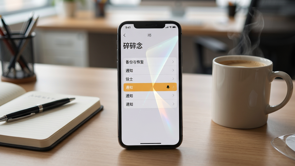 主体:一部智能手机放在桌面上,屏幕显示“碎碎念”应用设置页面,有“备份与恢复”、“通知”等选项,旁边有一杯咖啡。布局:手机位于桌面中央,周围有记事本和笔的摆件,背景是模糊的办公室。排版:屏幕上的设置项清晰可见,有一项被高亮标注。风格:写实摄影风格,光线柔和,色彩自然。细节:咖啡杯冒着热气,屏幕有轻微反光。画质:高清,干净,无多余元素。