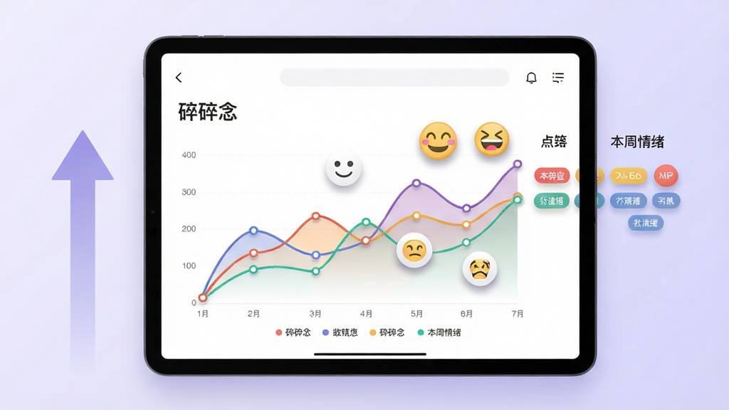 主体:一部平板电脑横屏显示,屏幕上是“碎碎念”应用的情绪统计界面,包含彩色折线图和几个圆形表情图标。布局:平板电脑居中,左侧有一根上升的箭头,右侧有“本周情绪”字样和几个小标签。排版:折线图用不同颜色区分情绪类型,图例在底部。风格:现代扁平化风格,背景为淡紫色渐变,显得宁静专业。细节:折线图上有小圆点标记,表情图标带有微小的阴影。画质:高清,干净,无多余元素。