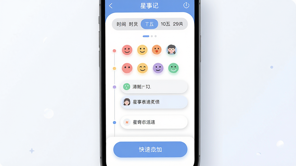 一张展示星事记APP核心界面的高清宣传图,主体为手机屏幕内的时间轴记录界面,布局上方是日期切换栏,中间是彩色心情标签与事件条目,下方是快速添加按钮,排版简洁,风格清新扁平化,细节包括柔和阴影与圆角卡片,画质细腻干净,无多余元素