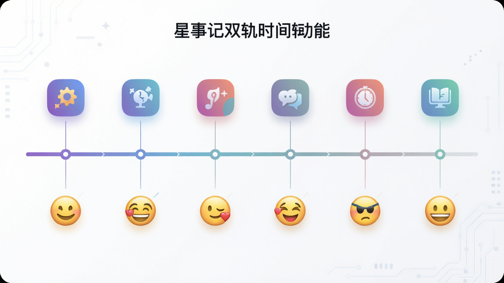 一张展示星事记双轨时间轴功能的截图,主体为上下两条平行的时间线,上排分布着彩色事件图标,下排对应着表情符号,布局清晰对比,排版对齐,风格简约科技感,细节包括渐变色彩与细线连接,画质高清干净
