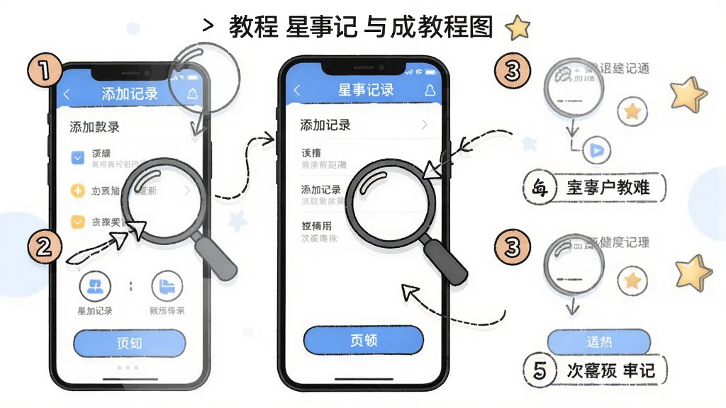 一张星事记APP使用教程的步骤图,主体为手机屏幕展示添加记录的界面,布局有标注箭头指示各按钮功能,排版分步展示,风格教程插画风,细节包括放大镜效果和步骤编号,画质清晰干净